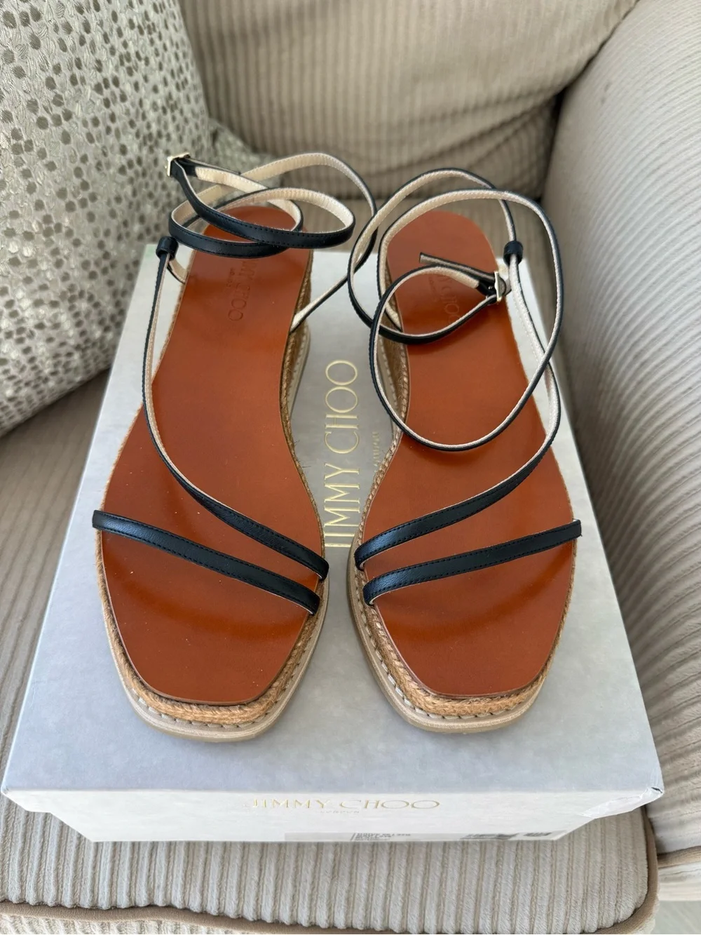 Jimmy Choo Drive 60 Leather Strappy Espadrille Wedge Sandal Black 37.5 7.5 New
